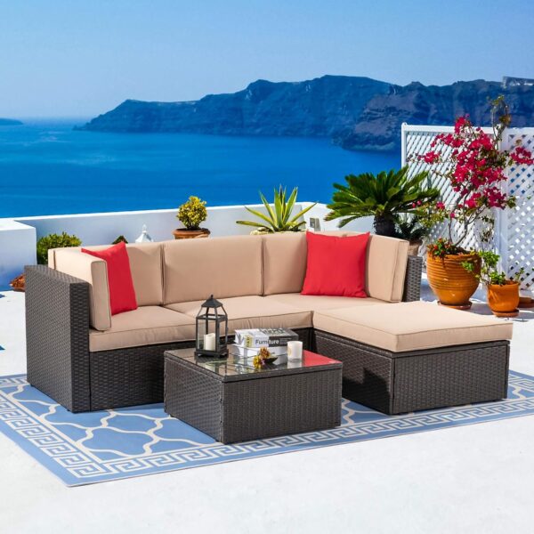 Vongrasig 5 Piece Patio Furniture Sets, All-Weather Brown PE Wicker Outdoor Couch Sectional Set, Small Conversation Set for Garden/Patio w/Ottoman, Glass Table, Red Pillow, Beige - Image 2