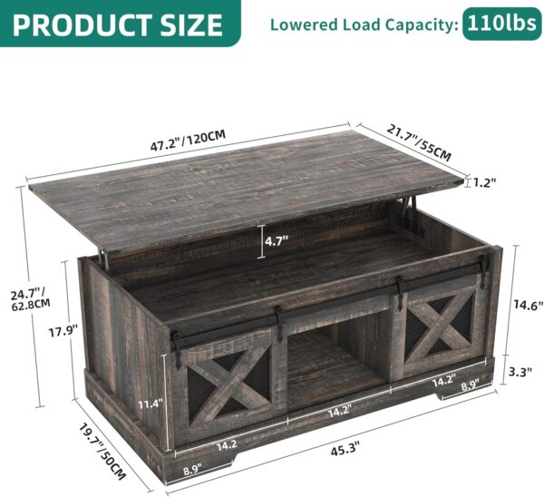 YITAHOME Farmhouse Coffee Table, Lift Top Coffee Table with Storage & Sliding Groove Barn Door,Rustic Coffee Tables for Living Room, Center Table for Living Room, Dark Rustic Oak - Image 2