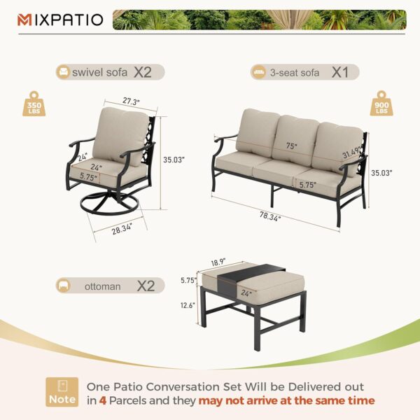 Patio Furniture Set 5 pcs, Outdoor Patio Furniture, 3-Seat Sofa, 2 Swivel Chairs, 2 Ottomans and 5.75" Extra Thick Cushion, Patio Conversation Set for Garden Backyard Deck,Beige - Image 6