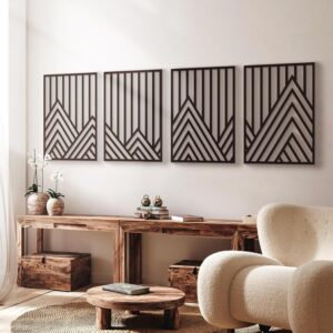 Glamativity 4 Pcs Black Abstract Mountain Line Metal Wall Art, 17 x 12'' Minimalist Décor Single Line Art Wall Décor, 3D Textured Sculptures, Decorative Forest Nature Abstract Line Minimalist Wall Décor Hanging for Living Room Bedroom Bathroom Study(Black, M Size 17 x 12'')