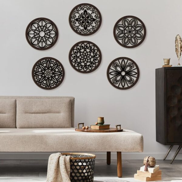 Ferraycle 6 Pieces Thicken Rustic Wall Decor Farmhouse Wall Art Decor Wooden Round Wall Art Rustic Hollow Carved Wall Art for Living Room Bedroom Kitchen Decor Small Size 9.8" x 9.8" (Black Brown) - Image 3