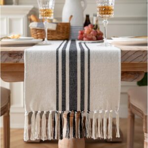 Caflife Boho Table Runner for Modern Farmhouse Decor, Dining Table décor 13 x 72 Inch Long, Coffee Table Runner with Handcrafted Tassels, Black and Beige Stripe Table Runner for Home Boho décor