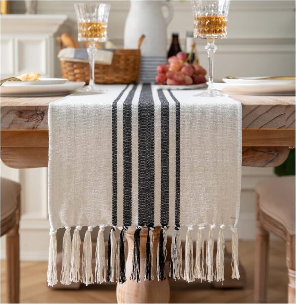 Caflife Boho Table Runner for Modern Farmhouse Decor, Dining Table décor 13 x 72 Inch Long, Coffee Table Runner with Handcrafted Tassels, Black and Beige Stripe Table Runner for Home Boho décor