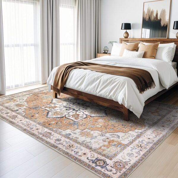 Area Rug for Living Room 5x7 - Vintage Washable Rugs Traditional Floor Carpet Soft Oriental Area Carpet Big Neutral Rug Low Pile Stain Resistant Rug for Bedroom Kitchen - Grey/Orange - Image 5