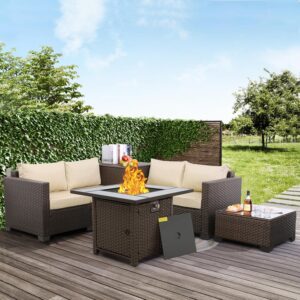 WAROOM 5 Pieces Patio Furniture Set PE Wicker Outdoor Brown Rattan Sectional Sofa Loveseat Couch Conversation Chair with Storage Bin Coffee Table and Propane Fire Pit, Anti-Slip Khaki Cushion