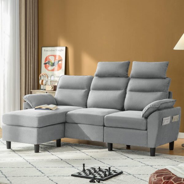 LINSY HOME Convertible Sectional Couch, 3 Seat L Shaped Sofa with 2 USB Ports and Storage Bags, Small Sectional Sofa Set for Living Room, Apartment, Dark Gray