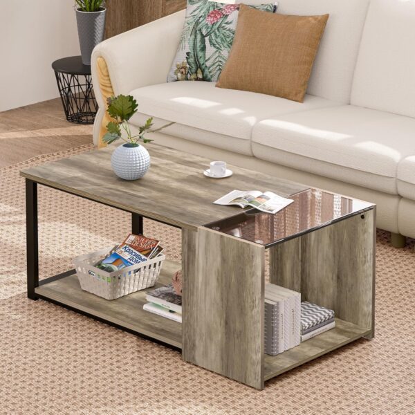 Small LED Coffee Tables for Living Room Center Coffee Table with Storage Tempered Glass Top 35.4 inch Modern Farmhouse Style, Easy Assemble, Grey Wash - Image 6