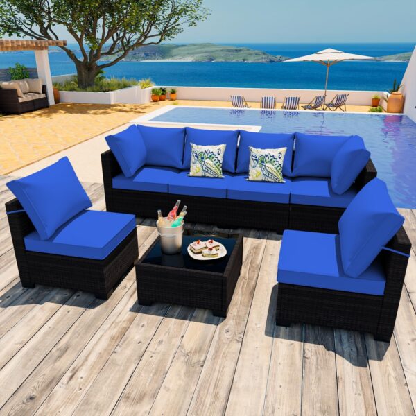 TINKLE WELL Outdoor Patio Furniture Set 7 Pieces Rattan Wicker Sectional Conversation Sofa with 6 Seat Cushions and 1 Tempered Glass Table, for Yard, Garden, Poolside