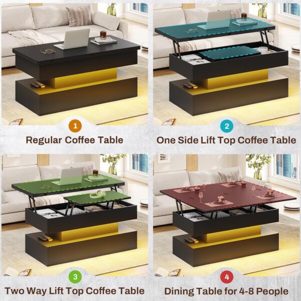 Itaar 40" Lift Top Coffee Table, 4 in 1 Coffee Table with Storage & LED Light, Small Coffee Tables for Living Room, Modern Coffee Table with Lifting Top for Dining Reception Room, Black - Image 4