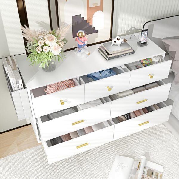 White Dresser for Bedroom, 7 Drawer Dresser with Charging Station, Wood Chest of Drawers with Gold Handles, Modern Dressers & Chests of Drawers for Living Room, Hallway - Image 2