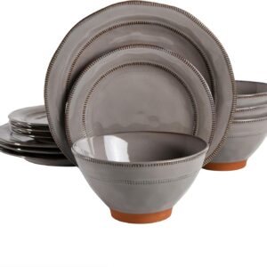 Gibson Elite Terranea Round Reactive Glaze Terra Cotta Dinnerware Set, Service for Four (12pcs), Grey