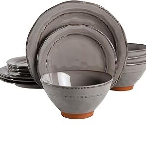 Gibson Elite Terranea Round Reactive Glaze Terra Cotta Dinnerware Set, Service for Four (12pcs), Grey