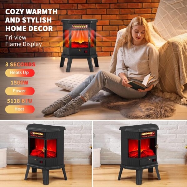 Electric Fireplace Heater 22 in Freestanding Fireplace Stove Infrared Fireplace RealSmart with 3D Flame Effect Remote Control, Timer, Overheating Protection Heater for Indoor Use Black - Image 2