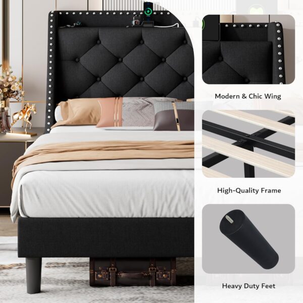 iPormis Queen Bed Frame with 16" Deluxe Wingback & Charging Station,Upholstered Platform Bed with Button Tufted Storage Headboard, Solid Wood Slats Support, No Box Spring Needed, Black - Image 5
