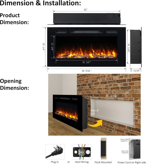 PuraFlame Alice 40 Inches Recessed Electric Fireplace, Flush Mounted for 2 X 6 Stud, Log Set & Crystal, 1500W Heater, Black - Image 6