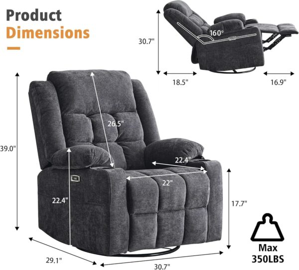 Power Swivel Rocker Recliner Massage Chair, USB and Type-C Ports, Electric Recliner Glider Reading Chairs Living Room, Upholstered Soft Fabric Reclining Sofa Chair (Dark Grey) - Image 3