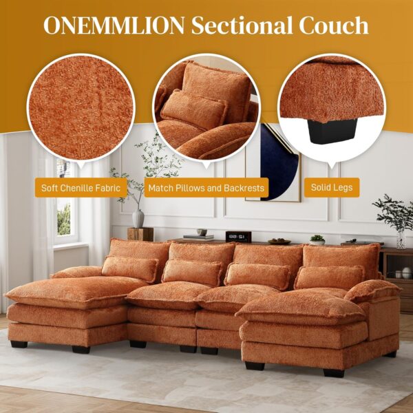 U Shape Sectional Sofa Cloud Couch for Living Room, 110" Modern Chenille Comfy Modular Sofa, 4 Seat Upholstery Sofa Sleeper with Double Chaise & Memory Foam, Orange - Image 3