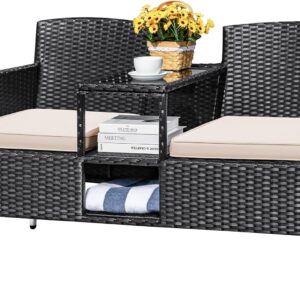 Devoko Outdoor Patio Loveseat Modern Rattan 2-Seat Patio Conversation Set with Cushions & Built-in Coffee Table Porch Furniture for Garden Lawn Backyard (Beige)