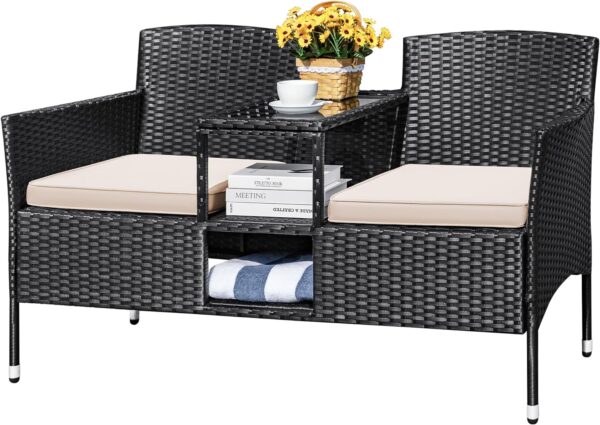 Devoko Outdoor Patio Loveseat Modern Rattan 2-Seat Patio Conversation Set with Cushions & Built-in Coffee Table Porch Furniture for Garden Lawn Backyard (Beige)