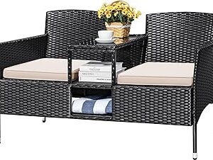 Devoko Outdoor Patio Loveseat Modern Rattan 2-Seat Patio Conversation Set with Cushions & Built-in Coffee Table Porch Furniture for Garden Lawn Backyard (Beige)