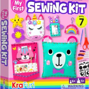 KRAFUN My First Sewing Kit for Beginner Kids Arts & Crafts, 7 Easy DIY Projects of Stuffed Animal Dolls and Plush Pillow Craft, Instructions & Felt, Gift for Girls, Boys, Learn to Sew, Embroidery