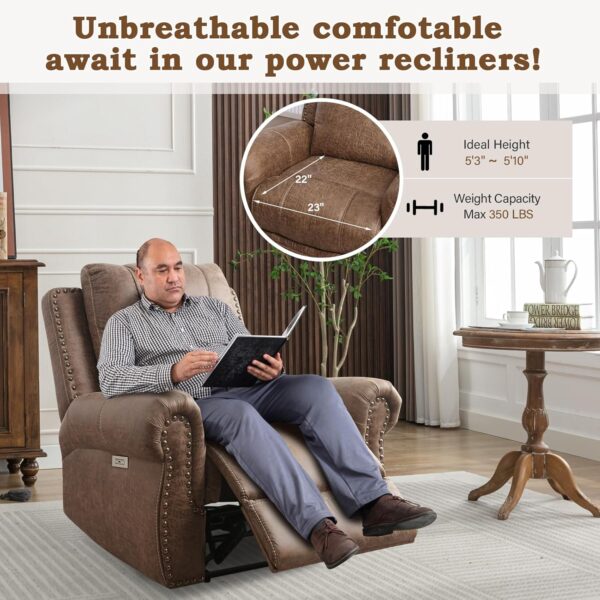 ANJ Electric Power Recliner Chair with USB Ports, Breathable Faux Leather Oversized Recliner with Comfortable Arms, Back and Headrest, Single Sofa for Living Room, Nut Brown - Image 3