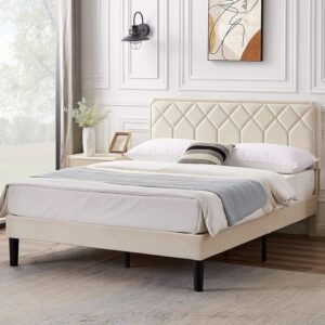 VECELO Full Size Bed Frame Premium Velvet Upholstered Platform with Height Adjustable Headboard/Mattress Foundation, Solid Wooden Slat Support, No Box Spring Needed/Easy Assembly
