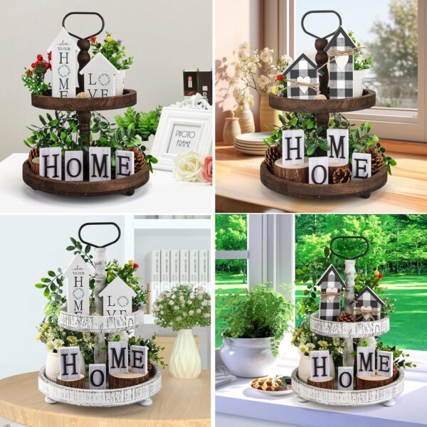 Farmhouse Tiered Tray Decor Set with Buffalo Plaid Decor for Rustic Home Kitchen Table Dining Room Decor, Home and Love Wood Sign Decor(Tiered Tray Not Included) - Image 5