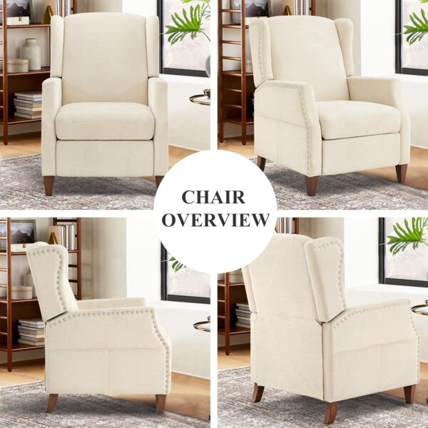 COLAMY Wingback Pushback Recliner Chair with Storage Pocket, Upholstered Fabric Living Room Chair Armchair with Wood Legs and Nailhead Trim, Beige - Image 4