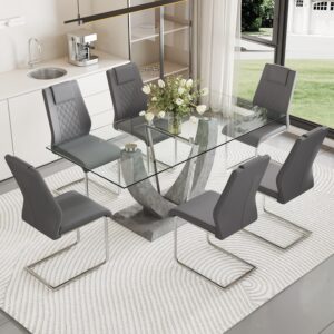 Glass Dining Table Set for 6,Tempered Glass Dining Table and Chairs set, 7 PCS kitchen table set with 6 chairs,71” Dining Room Table set Suitable for dining room and kitchen