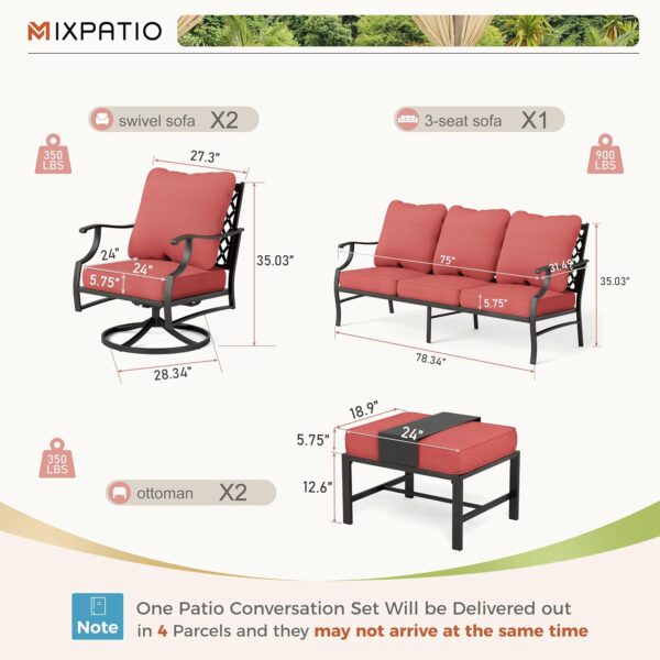 Patio Furniture Set 5 pcs, Outdoor Patio Furniture, 3-Seat Sofa, 2 Swivel Chairs, 2 Ottomans and 5.75" Extra Thick Cushion, Patio Conversation Set for Garden Backyard Deck,Red - Image 6