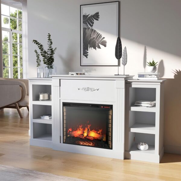 BELLEZE Modern 70" Electric Fireplace Heater Mantel TV Stand & Media Entertainment Center for TVs up to 68" with Energy-Efficient Heater With Sound and Side Book Shelves - Lenore (White) - Image 7