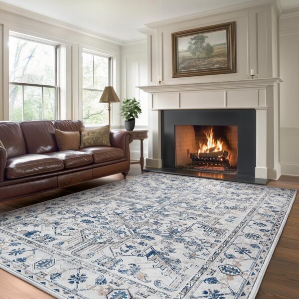 jinchan Washable Area Rug 6x9 Low Pile - Living Room Rug Stain Resistant Vintage Rug Boho Area Rug Large Rug Ultra-Thin Non Slip Carpet Floral Print Indoor Rug for Bedroom Kitchen Farmhouse Blue - Image 3