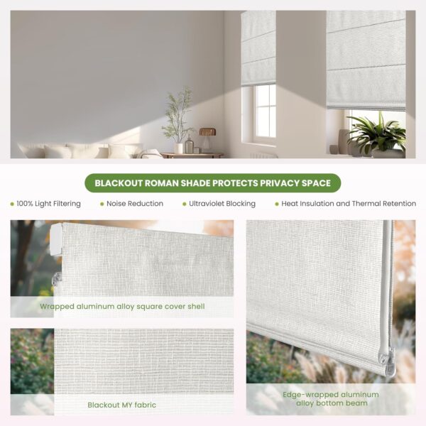 Roman Shades for Windows, Blackout Light Filtering Cordless Roman Blinds, Window Shades, UV Protection, Privacy, Window Blinds, Easy to Install, My-Blackout-White, Custom Size - Image 4