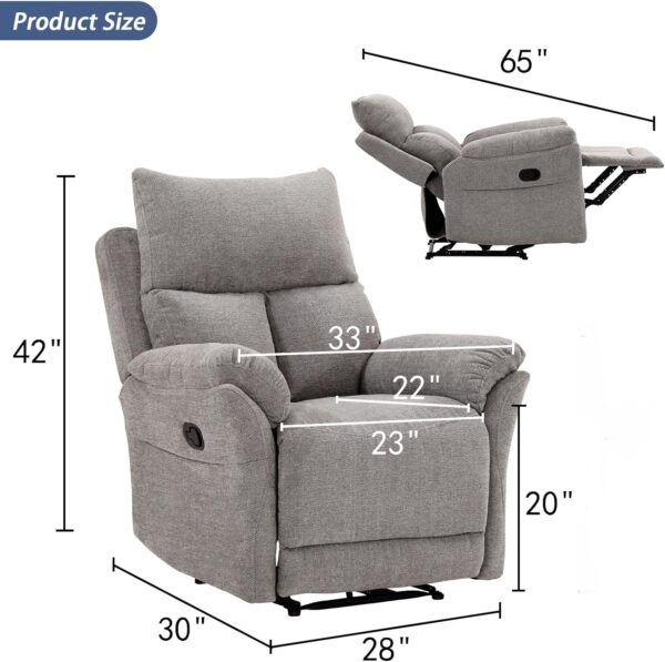 ANJ Overstuffed Recliner Chair - Manual Reclining Chairs for Adults Breathable Fabric Manual Single Sofa for Living Room (No Swivel/Rocker/Glider, Silver) - Image 2
