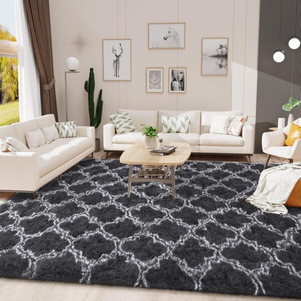 LOCHAS Luxury Shag Area Rug 5x8 Feet Geometric Plush Fluffy Rugs, Extra Soft Carpet Moroccan Rugs for Bedroom Living Room Dorm Kids, High Pile Shaggy Floor Rug Decor, Dark Grey/White - Image 2
