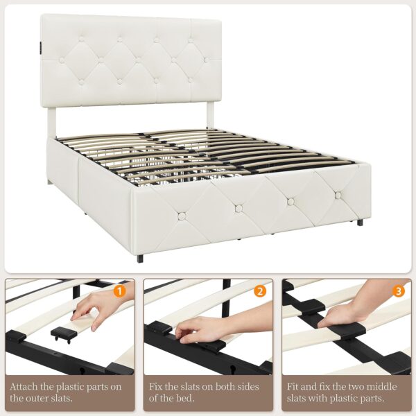 Yaheetech Queen Size Upholstered Bed Frame with 2 USB Charging Stations/Ports for Type A & Type C/4 Storage Drawers/Adjustable Headboard, Faux Leather Platform Bed with Strong Wooden Slats, Black - Image 5