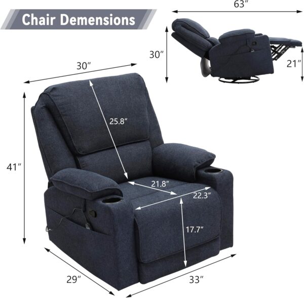 Swivel Glider Recliner Chair for Adults,Manual Recliner with Massage and Heat, Linen Cotton Fabric Ergonomic Lounge Chair with Cup Holder for Living Room, Bedroom, Nursery, Navy Blue - Image 2