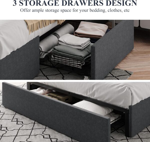 Allewie Full Size Platform Bed Frame with 3 Storage Drawers, Fabric Upholstered, Wooden Slats Support, No Box Spring Needed, Noise Free, Easy Assembly, Dark Grey - Image 6