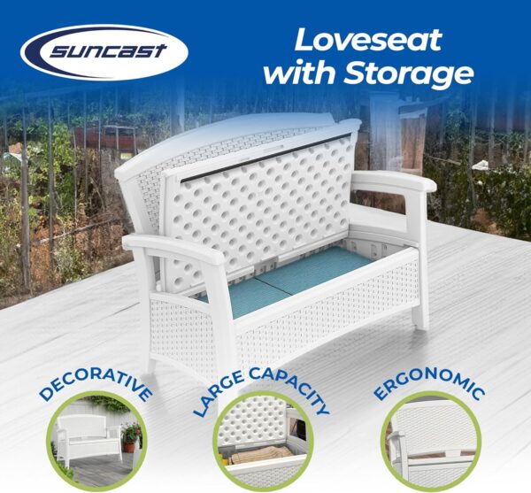 Suncast Elements Stylish Lightweight Loveseat Outdoor Seating with Convenient Built In Universal Storage, and All Weather Plastic, White - Image 4