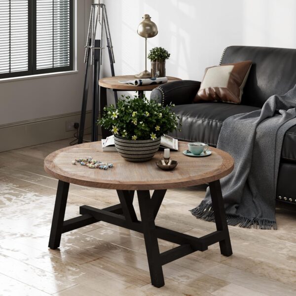 Rustic Farmhouse Coffee Table with Geometric Base, French Country Accent Table for Family, Dinning or Living Room, Modern, Round - Image 4