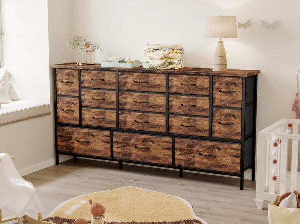 Fixwal 63.3 Inch TV Stand for Bedroom, 16 Large Drawer Dresser, Long TV Stand for 55, 65, 70 Inch TV with Power Outlets, Fabric Chest of Drawers for Bedroom, Living Room, Entryway, Rustic Brown - Image 4