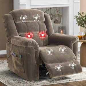 Swivel Rocker Recliner Chair with Massage and Heat, Manual Rocker Recliner Chair With Massage Vibrating for Living Room, 360° Swivel Rocker Recliner, Overstuffed Soft Fabric Heated Recliner, Grey
