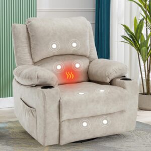 Massage Recliner Chair for Adults 360°Swivel Rocker Recliner Chair with 8Point Massage and Heat, Oversized Soft Fabric Recliner Chair for Living Room Home Theater Reclining Sofa Chair Beige