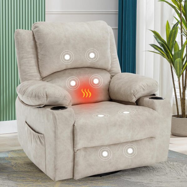 Massage Recliner Chair for Adults 360°Swivel Rocker Recliner Chair with 8Point Massage and Heat, Oversized Soft Fabric Recliner Chair for Living Room Home Theater Reclining Sofa Chair Beige