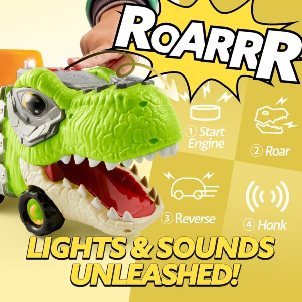 JOYIN Dinosaur Truck Toys for Kids, Kids Toys Boys Age 3 4 5, Dinosaur Car Carrier Truck Toy with 6 Rubber Car Vehicles, Toddler Birthday Gifts with Music & Lights for 3 4 5 Year Old Boys - Image 4