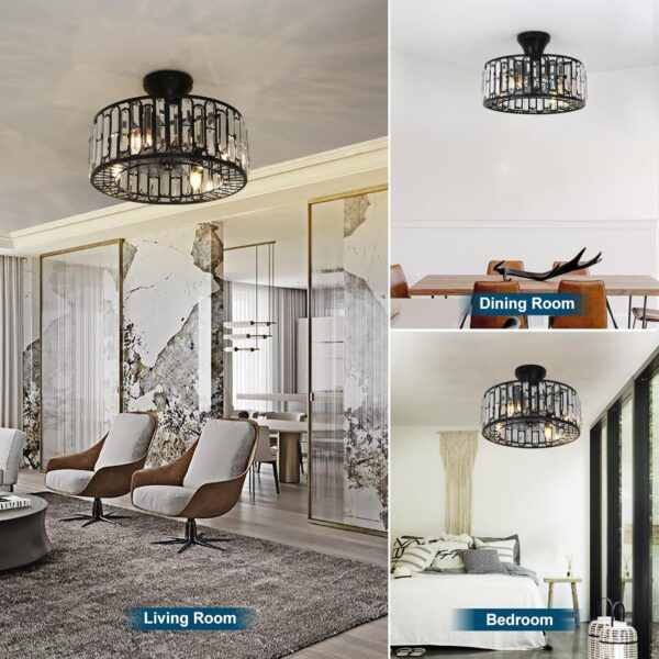 18" Crystal Caged Ceiling Fan with Lights Remote Control, 3-Speed Industrial Bladeless Fandelier, Flush Mount Black Metal Fandelier Fan Light for Bedroom, Living Room, Dining Room - Image 2