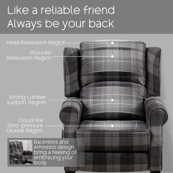 Wingback Pushback Recliner Chair - Manual Adjustable Adults Reclining Linen Single Lazy Boy Accent Sofa for Living Room Small Spaces Indoor Home Grey Plaid Armchair - Image 3