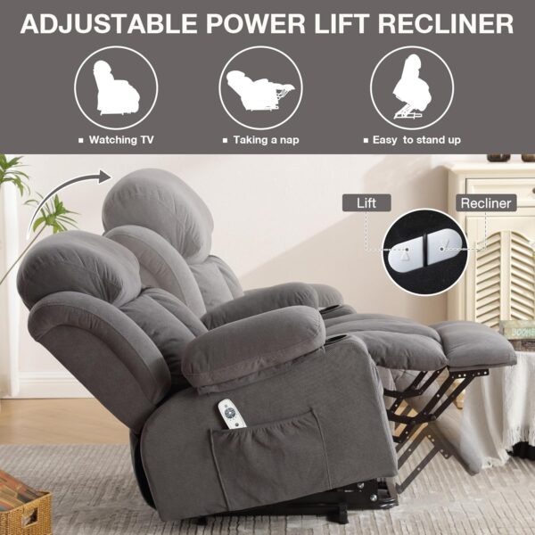 Power Lift Recliner Chair with Heat and Massage Electric Fabric Recliner Chair for Elderly with Side Pocket, USB Charge Port, Remote Control for Living Room (Light Grey) - Image 3