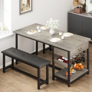 GAOMON Dining Table Set for 4, Kitchen Dining Table Set with Upholstered Benches, Kitchen Dining Room Table with Storage Drawers & Wine Rack for Small Space-Grey